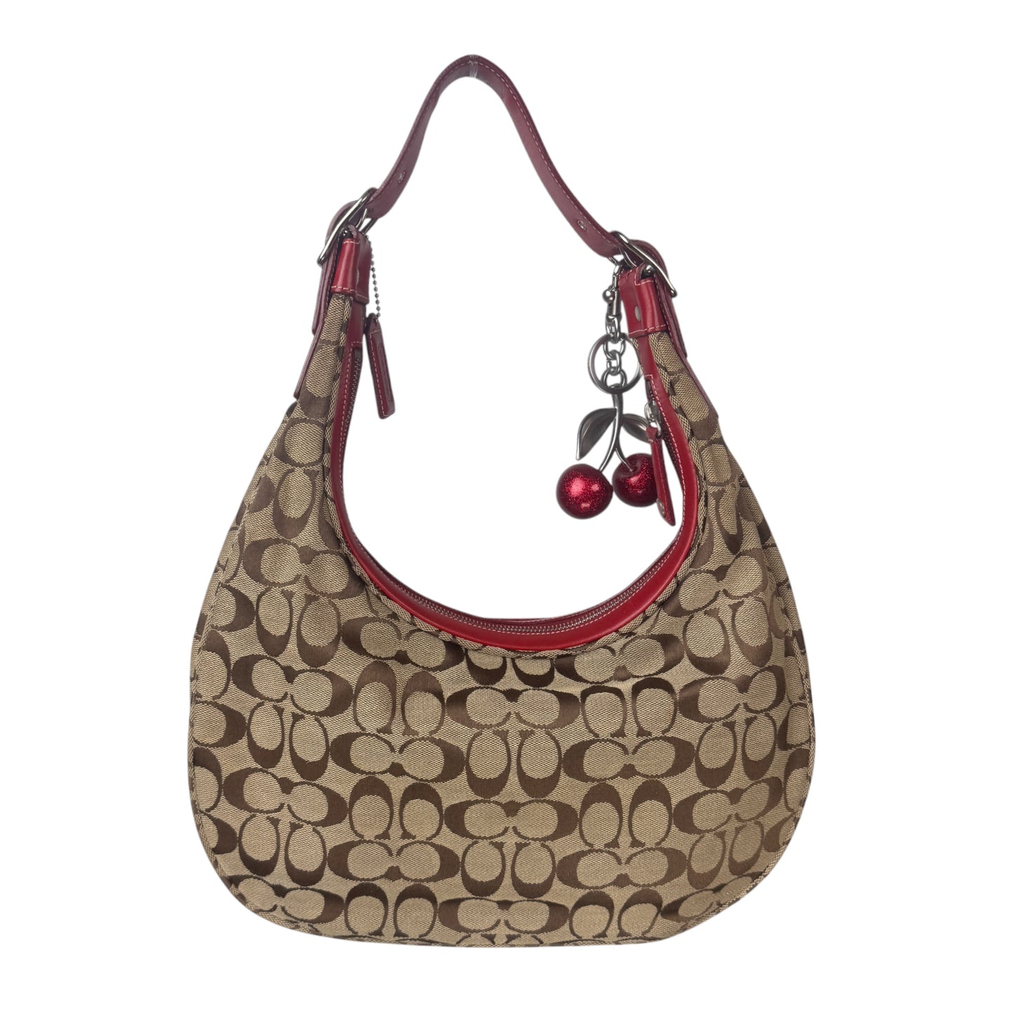 COACH SIGNATURE RED LEATHER TRIM HOBO BAG