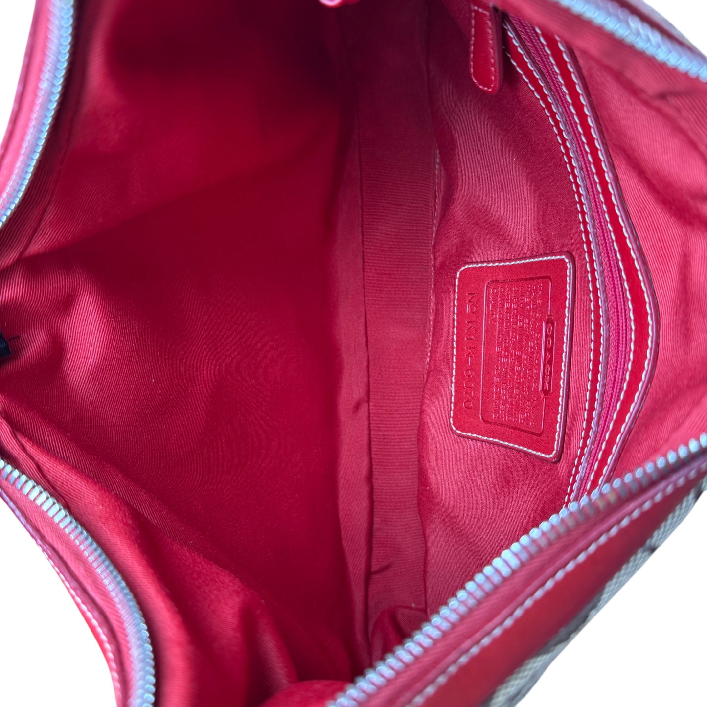 COACH SIGNATURE RED LEATHER TRIM HOBO BAG