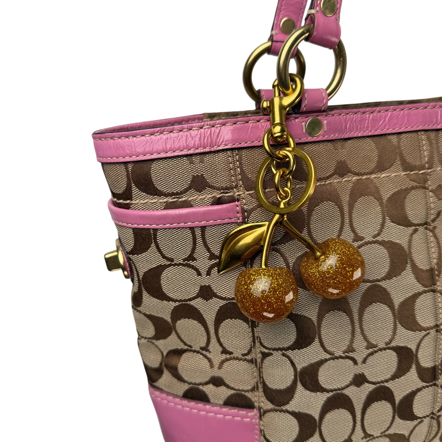 COACH SIGNATURE CANVAS TOTE BAG PINK LEATHER TRIM