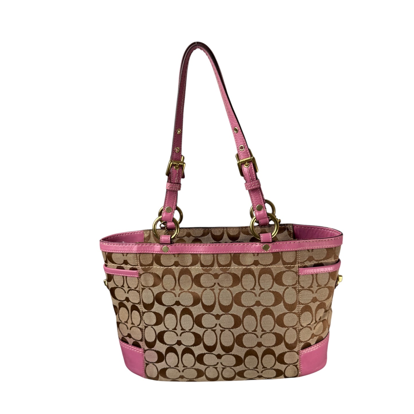 COACH SIGNATURE CANVAS TOTE BAG PINK LEATHER TRIM