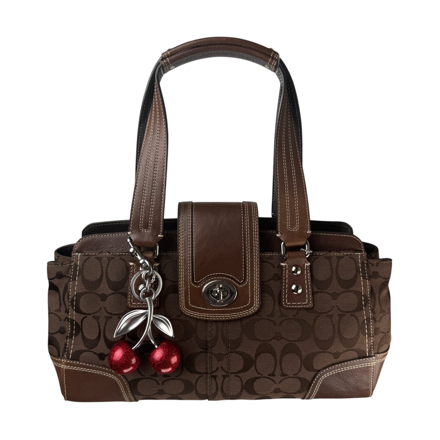 COACH SIGNATURE CANVAS TURNLOCK SHOULDER BAG BROWN