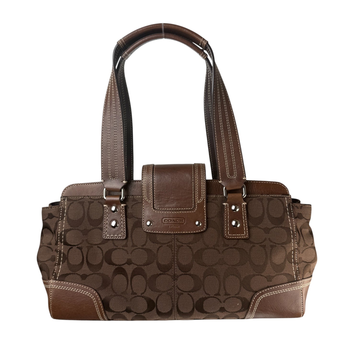 COACH SIGNATURE CANVAS TURNLOCK SHOULDER BAG BROWN