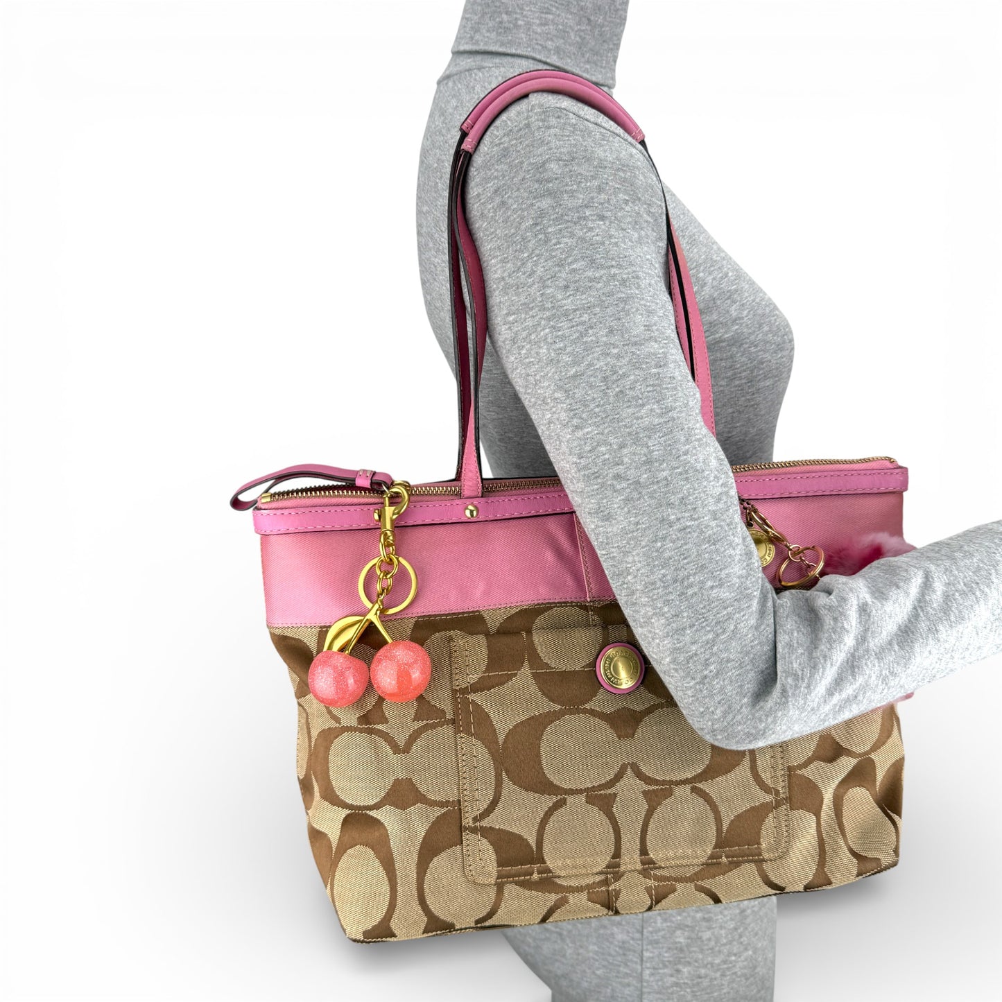 COACH SIGNATURE PINK STRIPE TOTE BAG