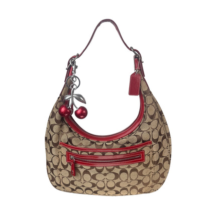 COACH SIGNATURE RED LEATHER TRIM HOBO BAG