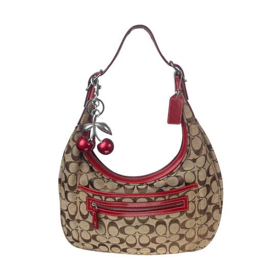 COACH SIGNATURE RED LEATHER TRIM HOBO BAG