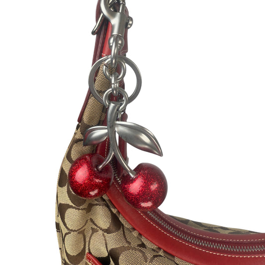COACH SIGNATURE RED LEATHER TRIM HOBO BAG