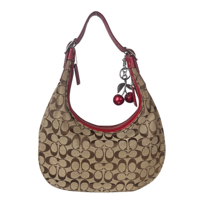 COACH SIGNATURE RED LEATHER TRIM HOBO BAG