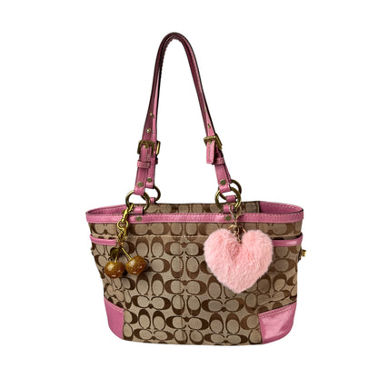 COACH SIGNATURE CANVAS TOTE BAG PINK LEATHER TRIM 