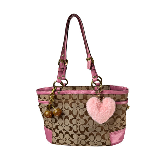 COACH SIGNATURE CANVAS TOTE BAG PINK LEATHER TRIM 