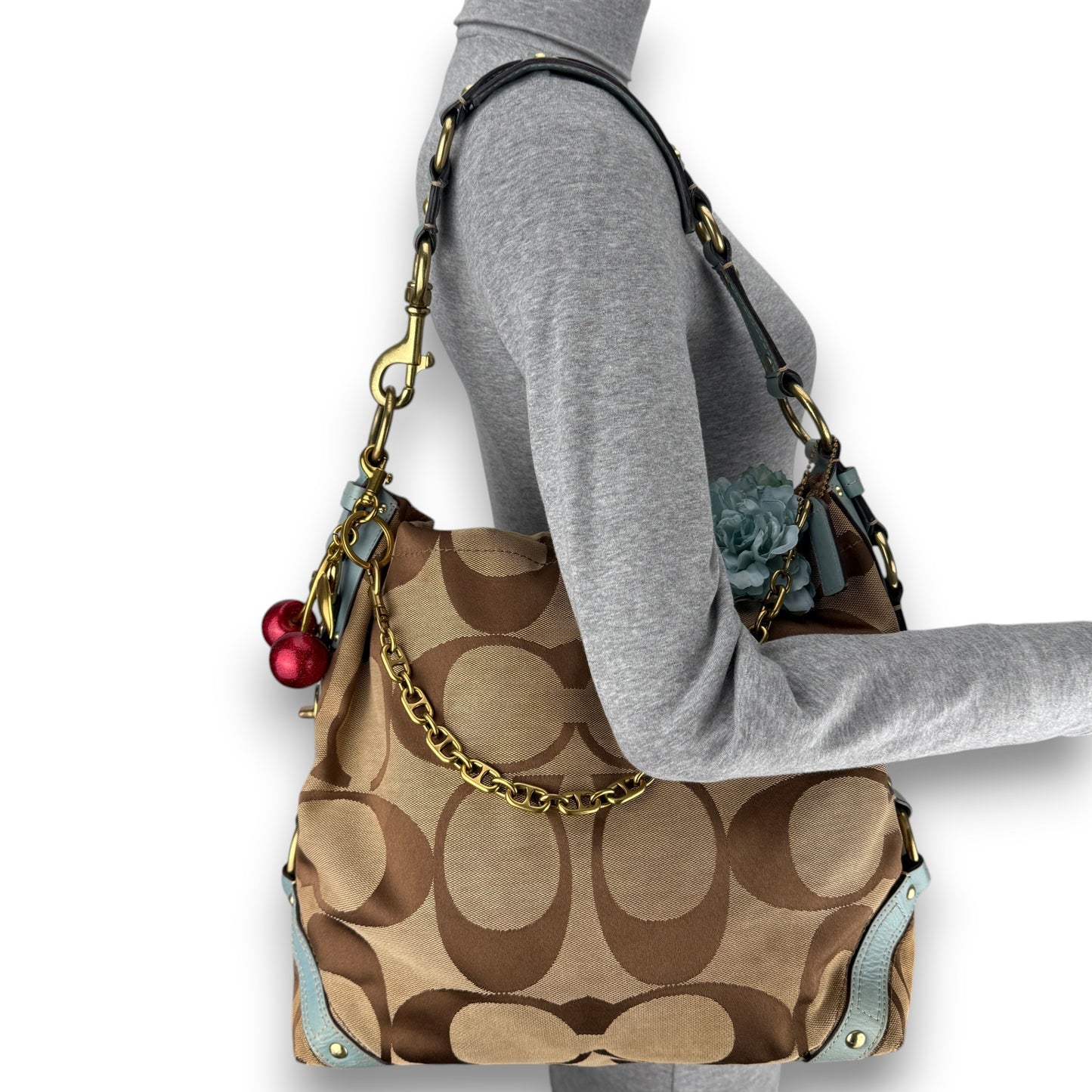 COACH SIGNATURE CARLY LIGHTBLUE SHOULDER BAG LARGE