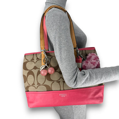 COACH HAMPTONS TAN AND CORAL PINK SHOULDER BAG