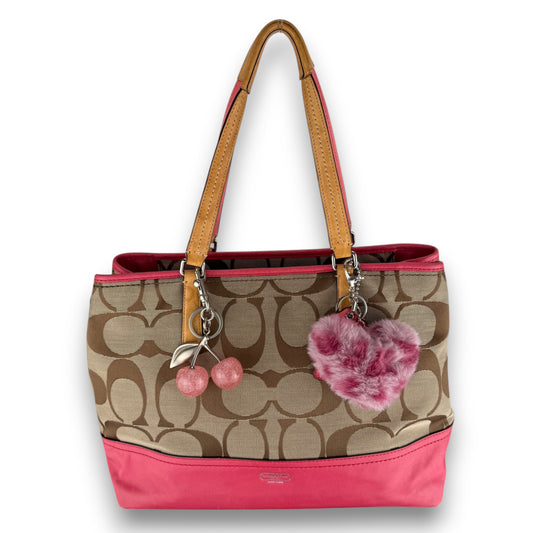 COACH HAMPTONS TAN AND CORAL PINK SHOULDER BAG