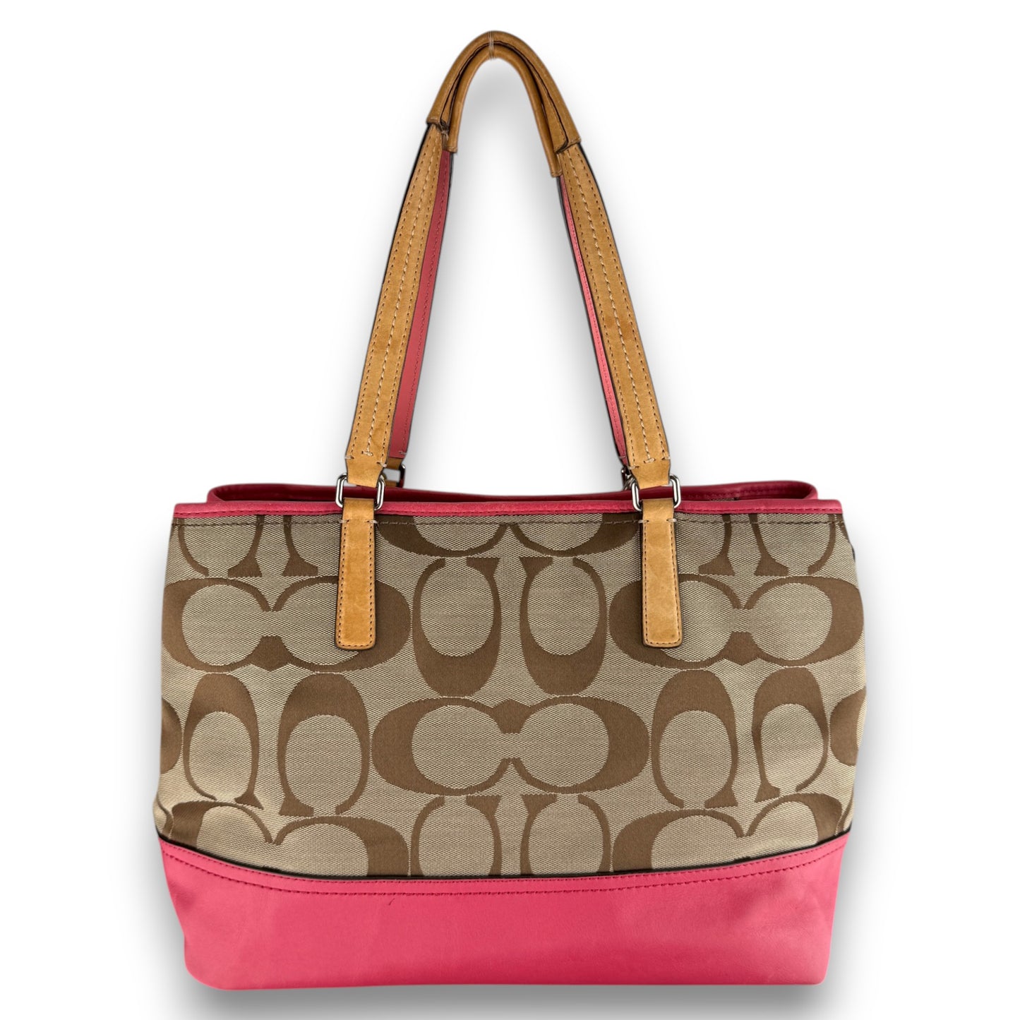 COACH HAMPTONS TAN AND CORAL PINK SHOULDER BAG