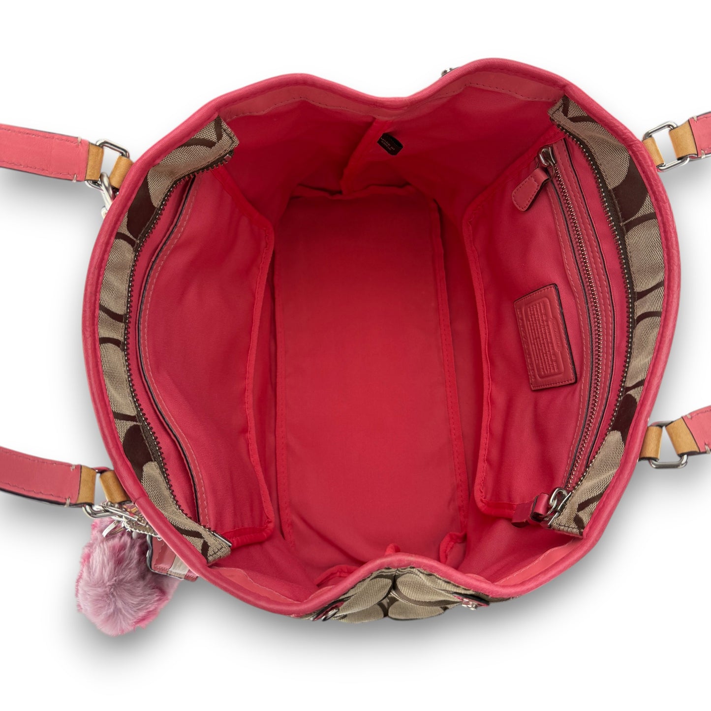 COACH HAMPTONS TAN AND CORAL PINK SHOULDER BAG