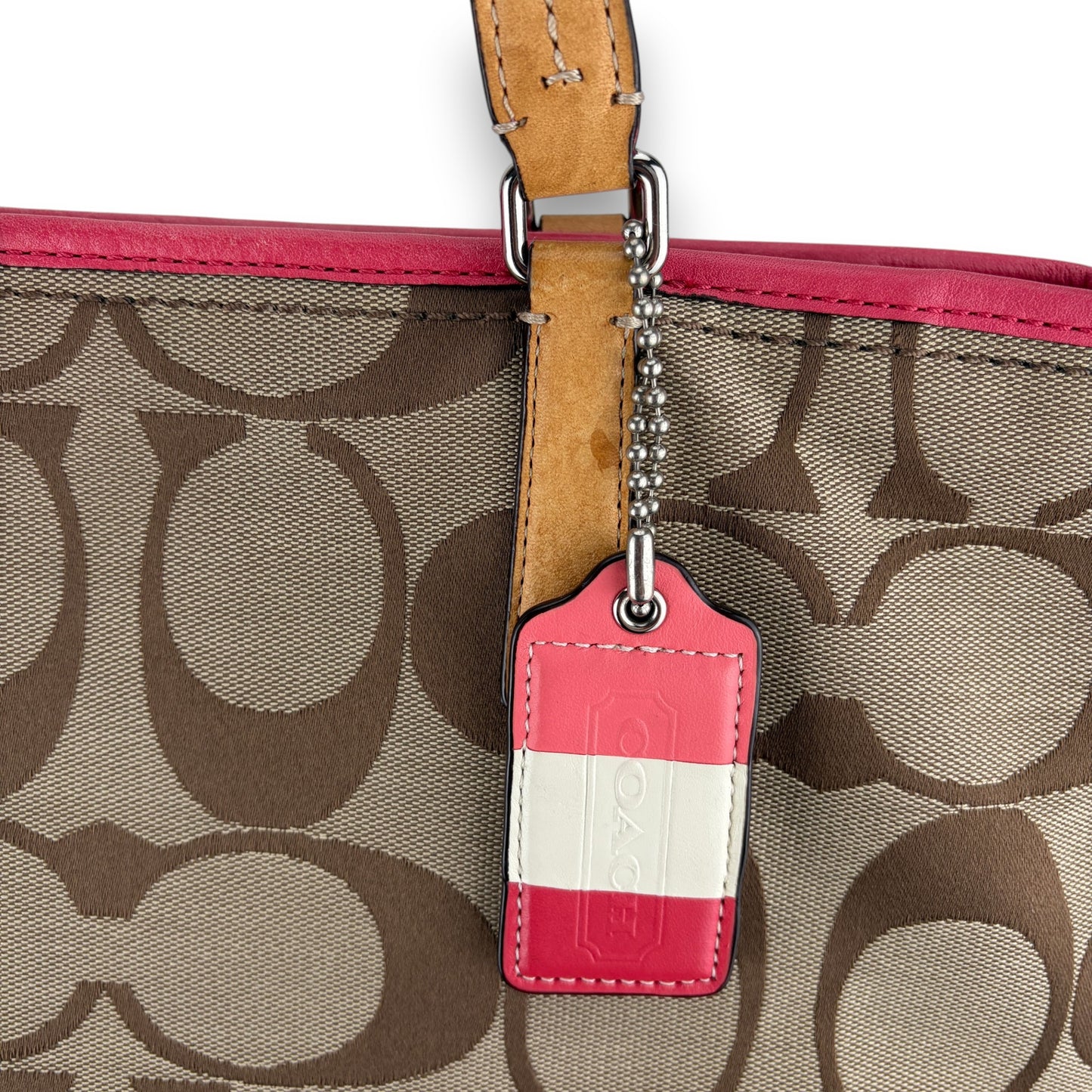 COACH HAMPTONS TAN AND CORAL PINK SHOULDER BAG