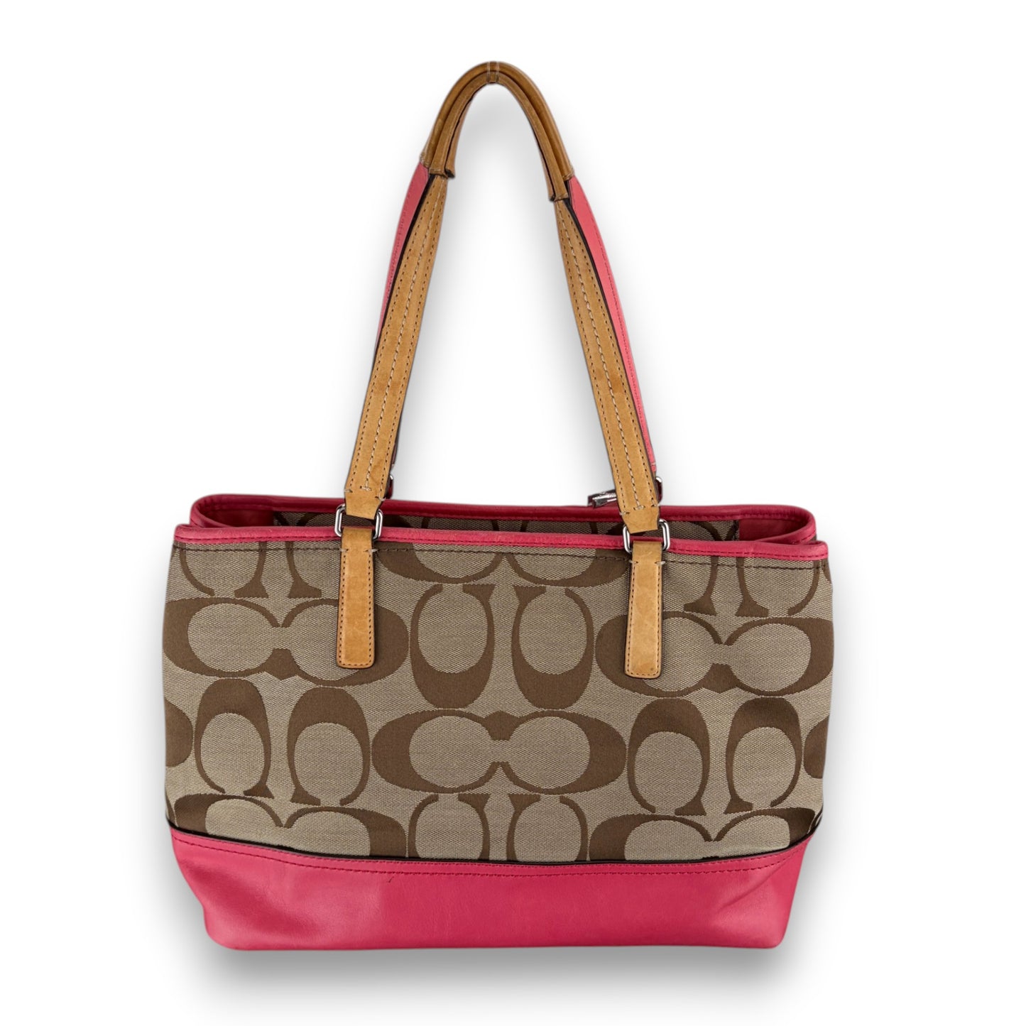 COACH HAMPTONS TAN AND CORAL PINK SHOULDER BAG