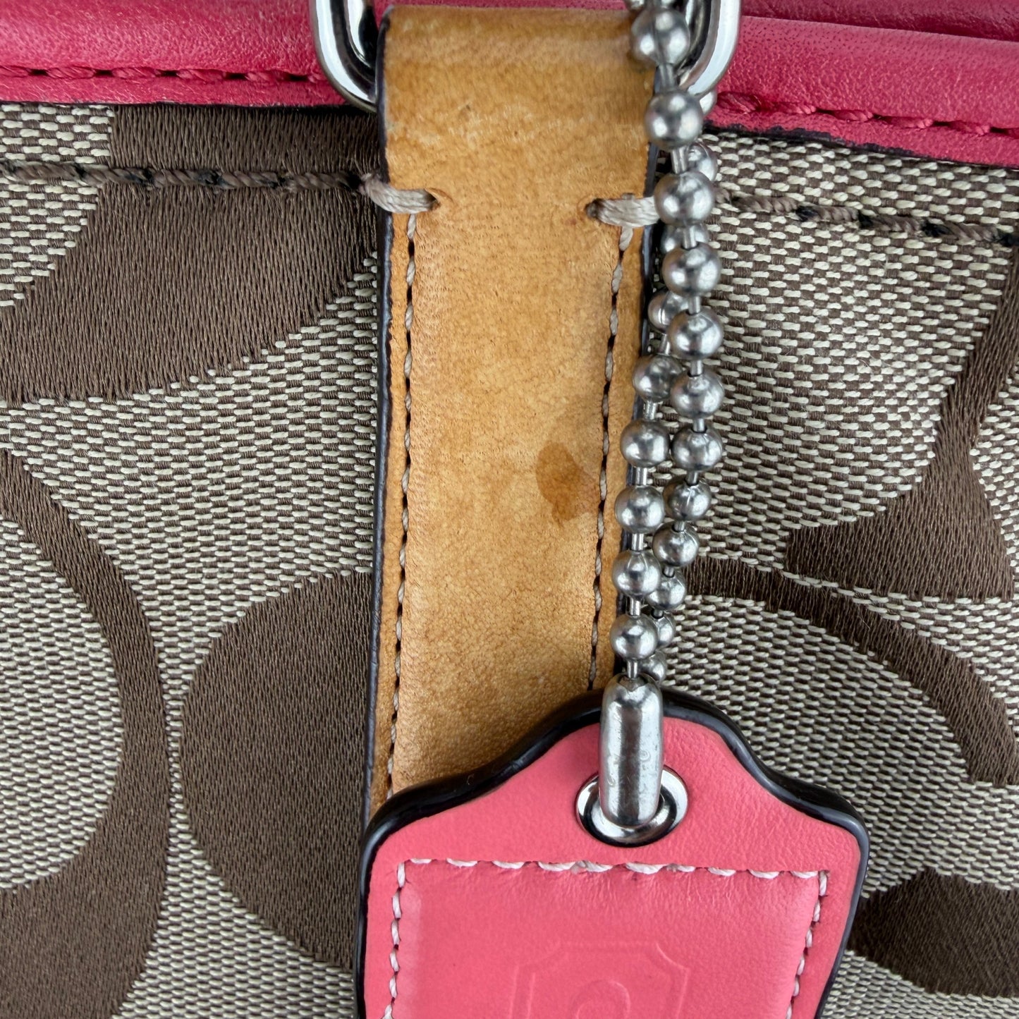 COACH HAMPTONS TAN AND CORAL PINK SHOULDER BAG