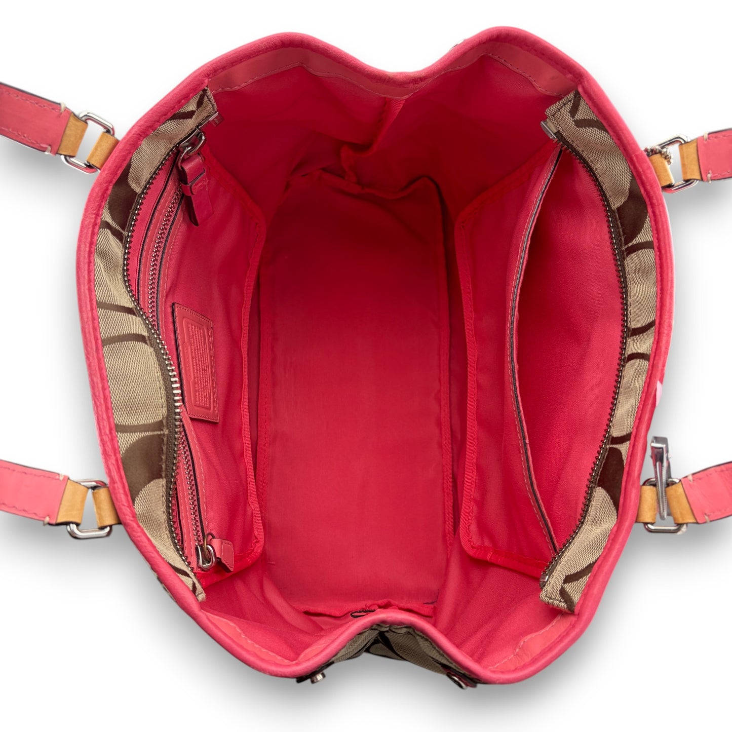 COACH HAMPTONS TAN AND CORAL PINK SHOULDER BAG