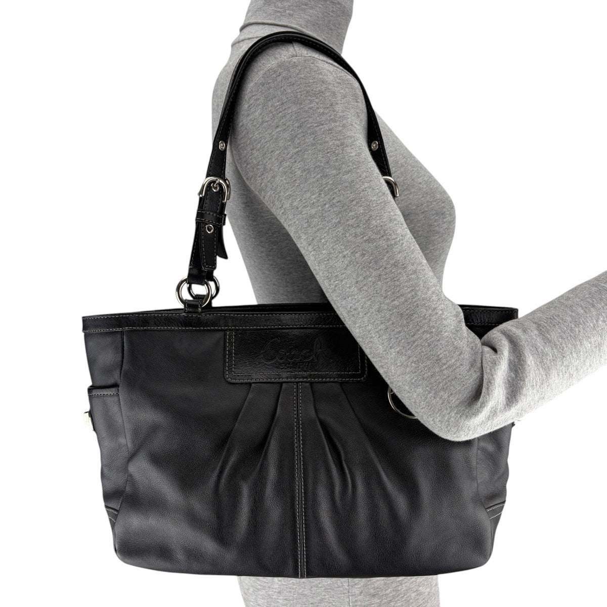 COACH PLEATED GALLERY TOTE BAG BLACK LEATHER